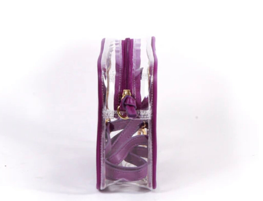 LSU clear purse with purple accents and zipper, showcasing clear vinyl and stylish design for game day.
