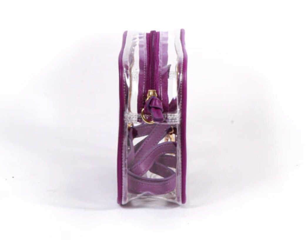 Clemson clear purse with purple zip and canvas strap, ideal for game day essentials.