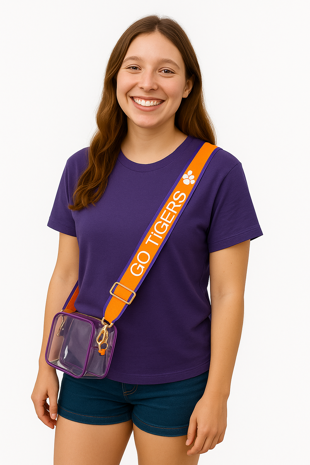 Clemson purse strap worn by a smiling woman in purple shirt, showcasing GO TIGERS design.