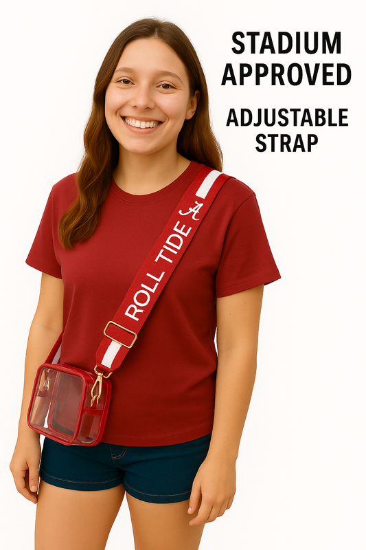Crimson Tide purse strap on clear stadium bag