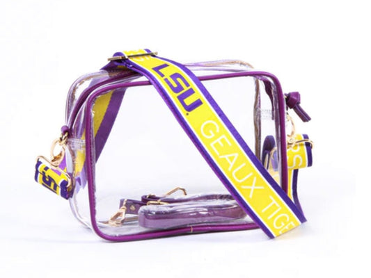LSU Tigers Clear Purse with Strap, GEAUX TIGERS - Licensed, Canvas, Game Day, Stadium Approved, Graduation Gift, Back To School, Crossbody