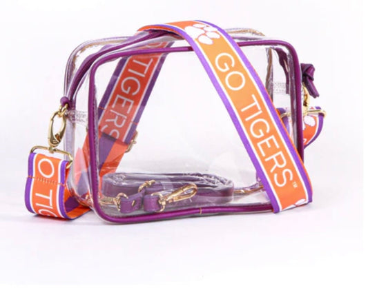 Clemson Clear Purse with Strap / GO TIGERS - Licensed, Canvas, Purse, Tailgate, Game Day, Stadium, Crossbody, Back to School, Graduation