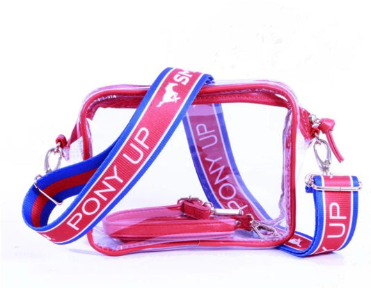 SMU - PONY UP Clear Purse with Strap, Licensed, Adjustable, Stadium Approved, Back to School, Graduation, Christmas, Gift, Crossbody