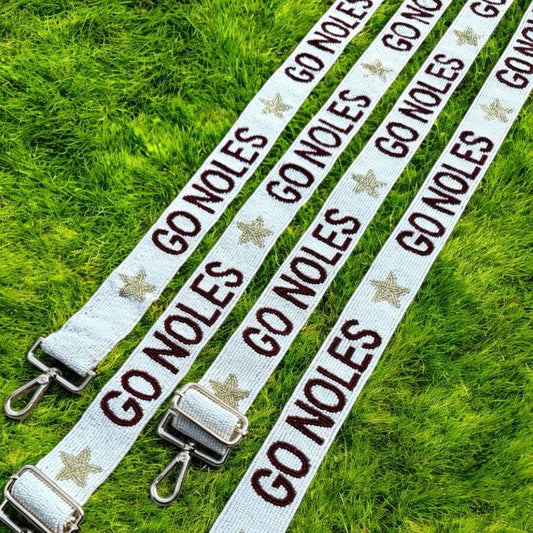 FSU beaded purse strap featuring 'GO NOLES' text on a stylish strap designed for Florida State fans.