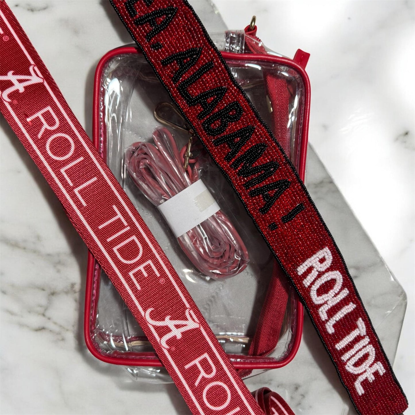 Alabama Roll Tide Gift Set | Licensed Canvas Strap, Beaded Purse Strap and Crimson Stadium-Approved Bag | Perfect for Bama Students & Alumni